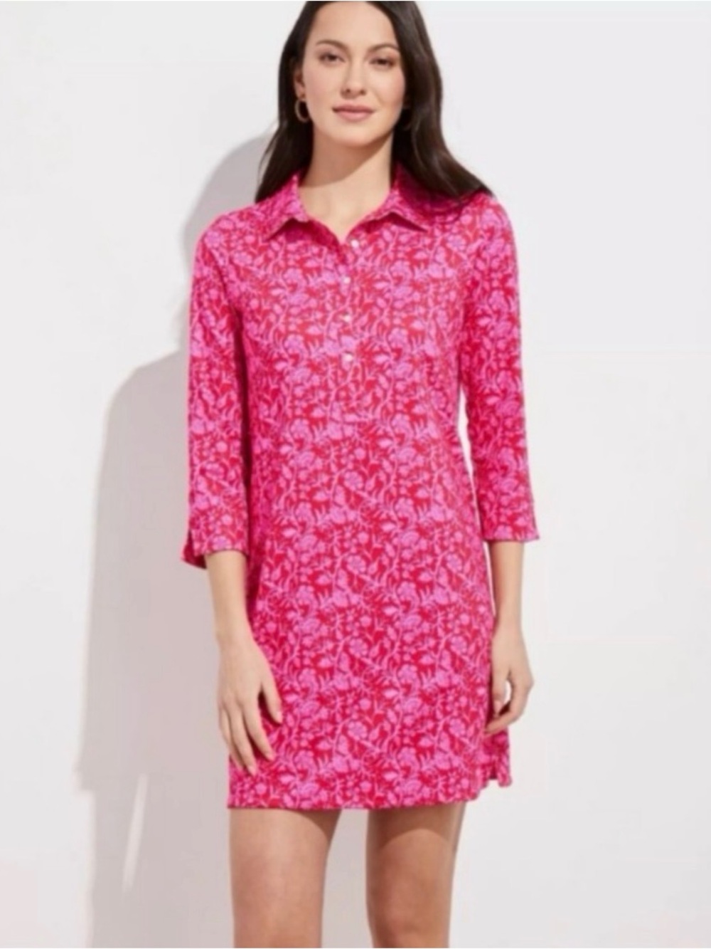 Vineyard Vines Sankaty Margo Floral Performance Shirt Dress Red Pink Size Small